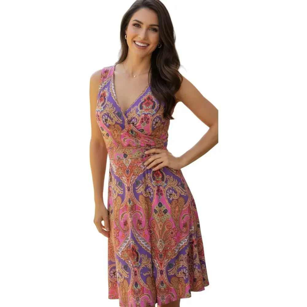 Lauren Ralph Lauren Dress Women’s Large Pink Purple Paisley Faux Wrap Stretch - Picture 1 of 16